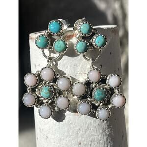 Native Style Turquoise Sterling Silver Cluster Earrings Southwest Pink Opal Drop